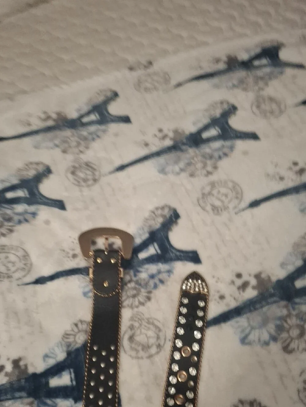 Studded Black Leather Belt with Crystal Accents